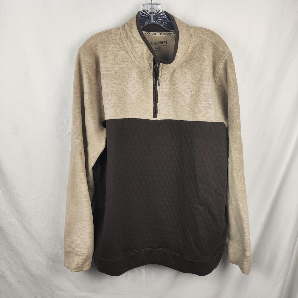 Departwest Sweatshirt Mens Large Beige Brown 1/4 Zip Fleece Aztec Quilt